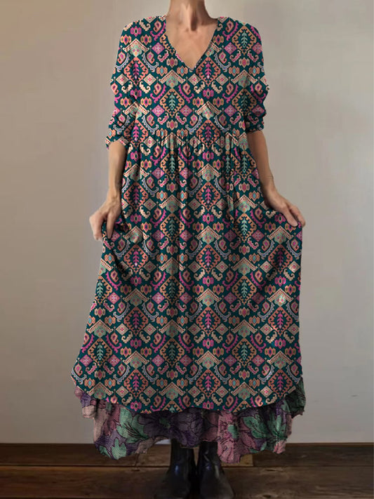 Retro boho virágos nyomtatás vintage v-nyak dupla hemline pamut hosszú ujjú midi ruha