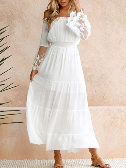 Női vintage fehér csipke egyrészes gallér hosszú ruha
