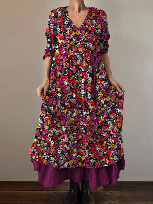 Retro boho virágos nyomtatás vintage v-nyak dupla hemline pamut hosszú ujjú midi ruha