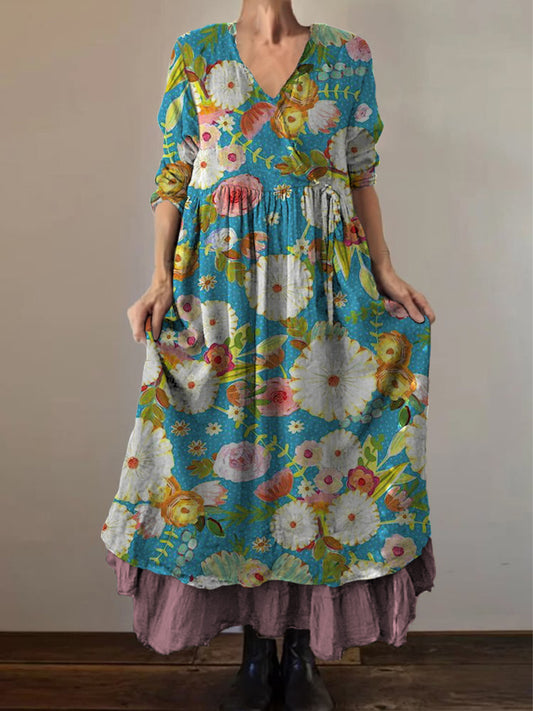 Retro boho virágos nyomtatás vintage v-nyak dupla hemline pamut hosszú ujjú midi ruha