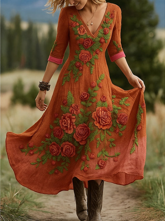 Retro virág művészet nyomtatás vintage v-nyak hosszú ujjú pamut maxi ruha