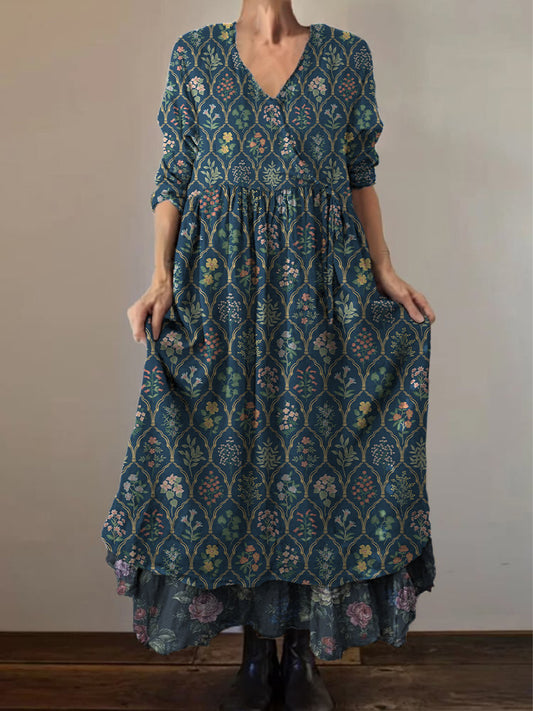 Retro boho virágos nyomtatás vintage v-nyak dupla hemline pamut hosszú ujjú midi ruha