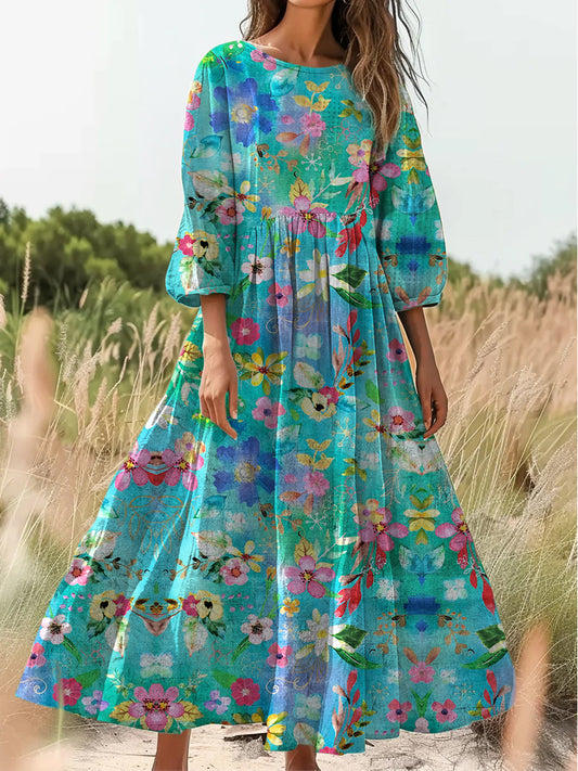 Retro boho virág művészet nyomtatás vintage elegáns v-nyak gomb fel hosszú ujjú midi ruha