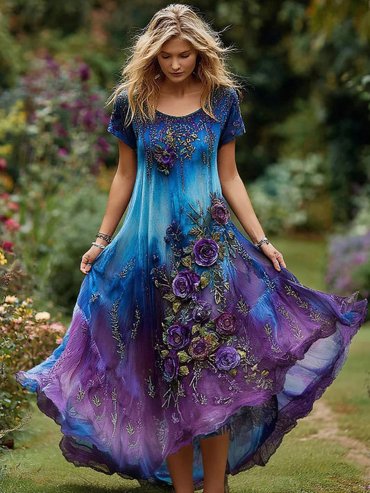 Retro virág művészet nyomtatás vintage kerek nyak rövid ujjú pamut maxi ruha