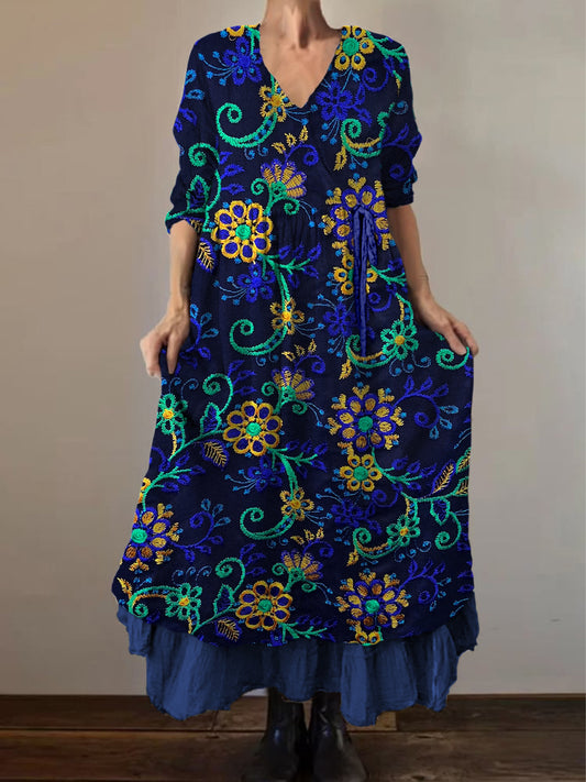 Retro boho virágos nyomtatás vintage v-nyak dupla hemline pamut hosszú ujjú midi ruha