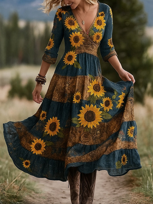 Retro virág művészet nyomtatás vintage v-nyak hosszú ujjú pamut maxi ruha