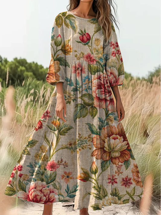 Retro boho virág művészet nyomtatás vintage elegáns v-nyak gomb fel hosszú ujjú midi ruha