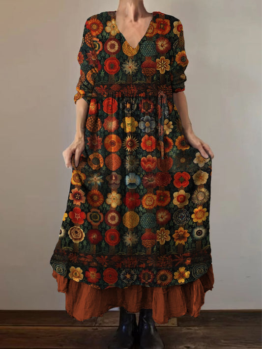 Retro boho virágos nyomtatás vintage v-nyak dupla hemline pamut hosszú ujjú midi ruha