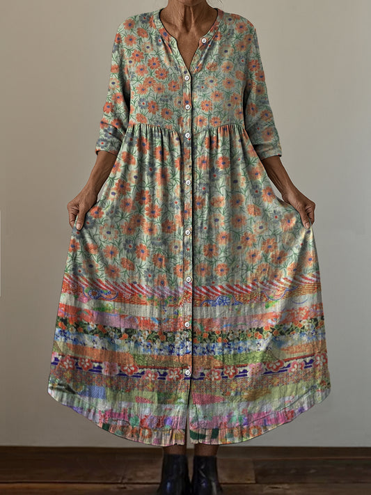 Retro boho virág művészet nyomtatás vintage elegáns v-nyak gomb fel hosszú ujjú midi ruha