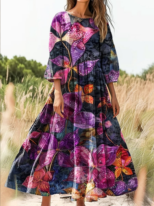 Retro boho virágos botanika nyomtatás vintage elegáns kerek nyak pamut hosszú ujjú midi ruha