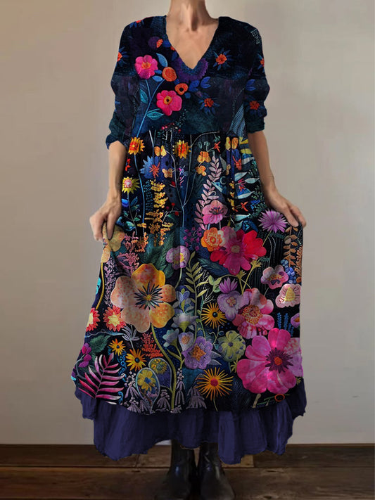 Retro boho virágos nyomtatás vintage v-nyak dupla hemline pamut hosszú ujjú midi ruha