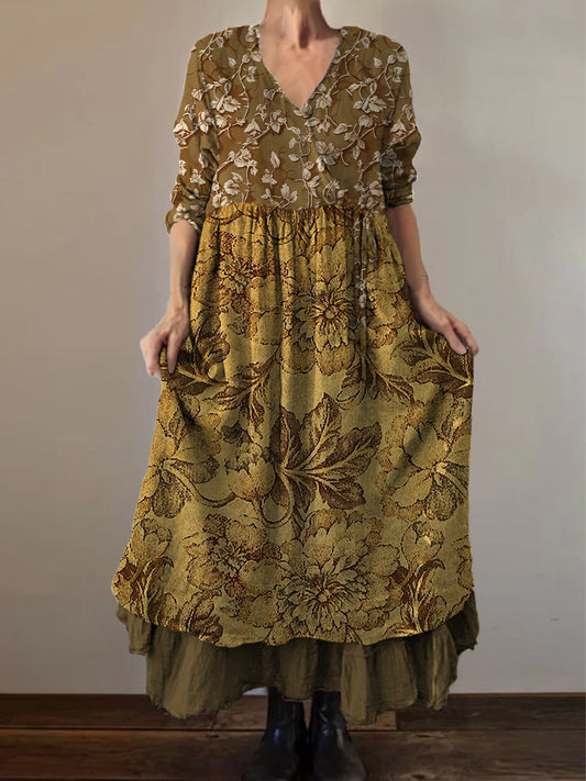 Retro boho virágos nyomtatás vintage v-nyak dupla hemline pamut hosszú ujjú midi ruha