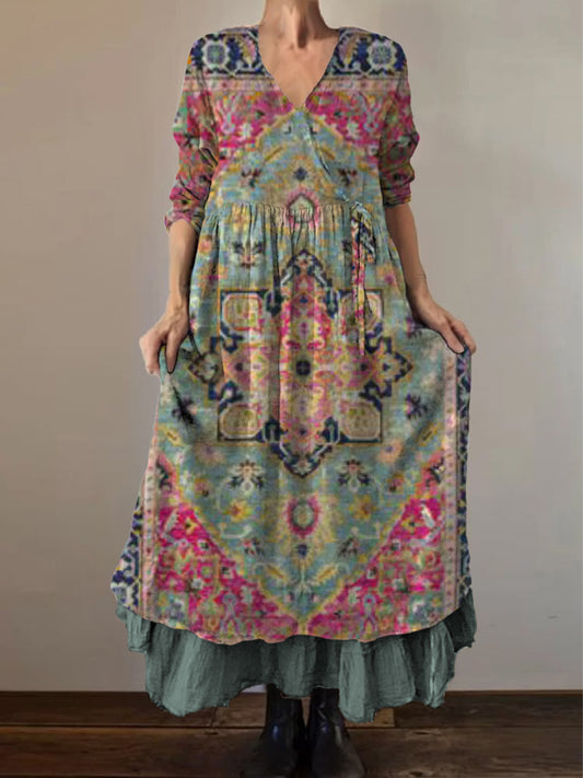 Retro boho virágos nyomtatás vintage v-nyak dupla hemline pamut hosszú ujjú midi ruha