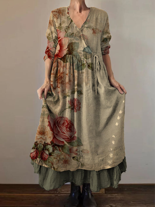 Retro boho virágos nyomtatás vintage v-nyak dupla hemline pamut hosszú ujjú midi ruha