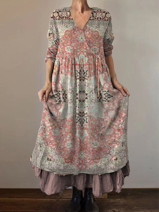 Retro boho virágos nyomtatás vintage v-nyak dupla hemline pamut hosszú ujjú midi ruha