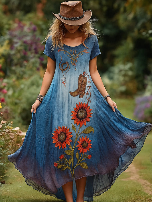 Retro virág művészet nyomtatás vintage kerek nyak rövid ujjú pamut maxi ruha