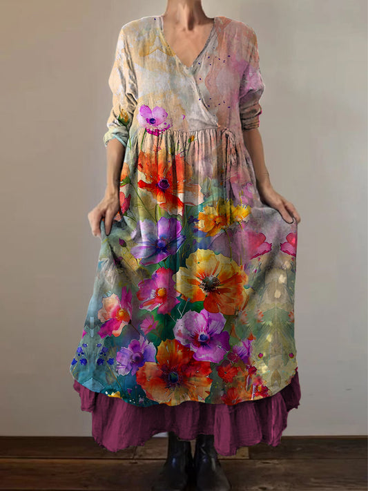 Retro boho virágos nyomtatás vintage v-nyak dupla hemline pamut hosszú ujjú midi ruha