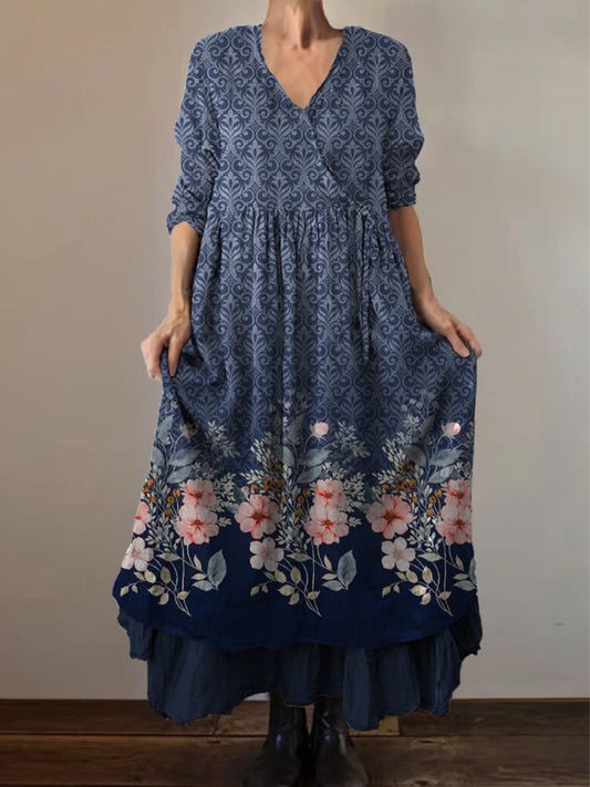 Retro boho virágos nyomtatás vintage v-nyak dupla hemline pamut hosszú ujjú midi ruha