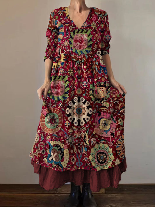 Retro boho virágos nyomtatás vintage v-nyak dupla hemline pamut hosszú ujjú midi ruha