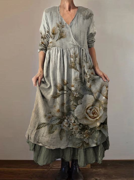 Retro boho virágos nyomtatás vintage v-nyak dupla hemline pamut hosszú ujjú midi ruha