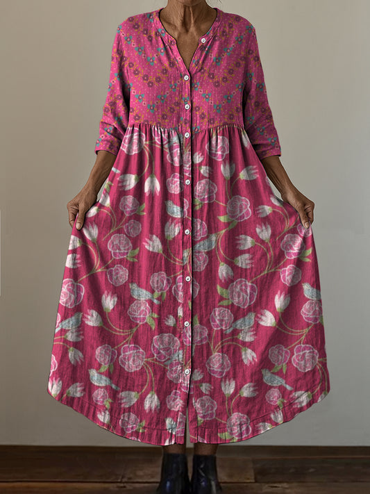 Retro boho virág művészet nyomtatás vintage elegáns v-nyak gomb fel hosszú ujjú midi ruha