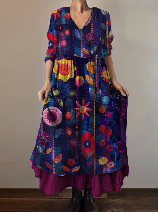 Retro boho virágos nyomtatás vintage v-nyak dupla hemline pamut hosszú ujjú midi ruha