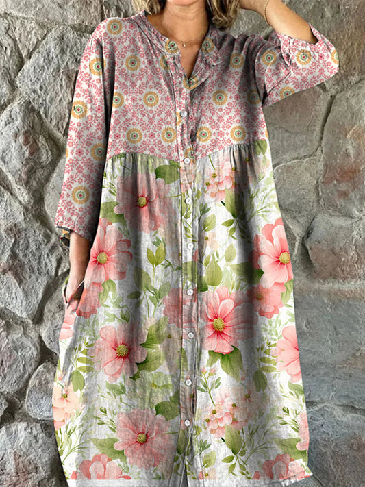 Retro boho virág művészet nyomtatás vintage elegáns v-nyak gomb fel hosszú ujjú midi ruha