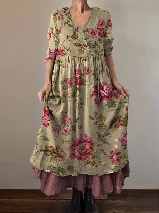 Retro boho virágos nyomtatás vintage v-nyak dupla hemline pamut hosszú ujjú midi ruha