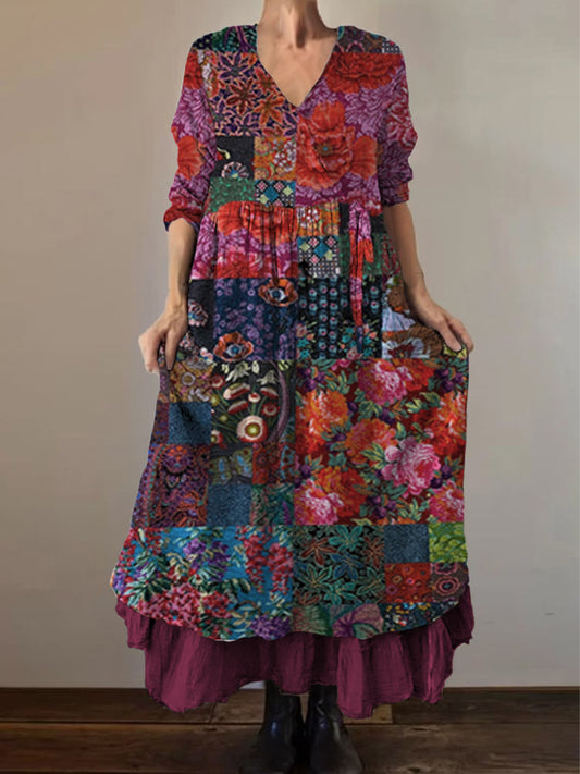 Retro boho virágos nyomtatás vintage v-nyak dupla hemline pamut hosszú ujjú midi ruha