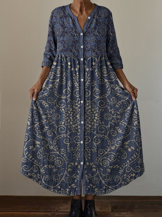 Retro boho virág művészet nyomtatás vintage elegáns v-nyak gomb fel hosszú ujjú midi ruha