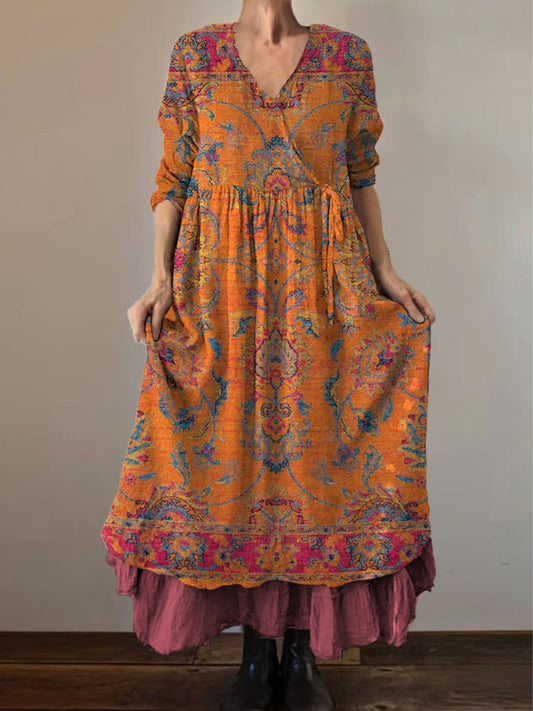 Retro boho virágos nyomtatás vintage v-nyak dupla hemline pamut hosszú ujjú midi ruha