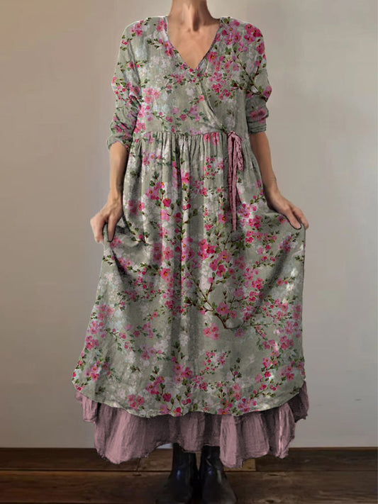 Retro boho virágos nyomtatás vintage v-nyak dupla hemline pamut hosszú ujjú midi ruha