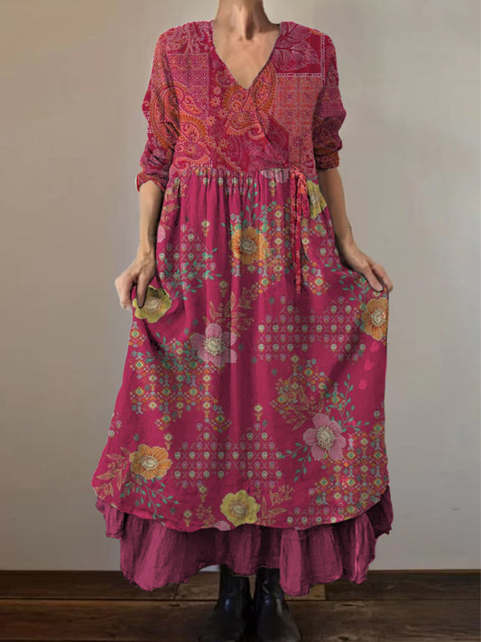 Retro boho virágos nyomtatás vintage v-nyak dupla hemline pamut hosszú ujjú midi ruha