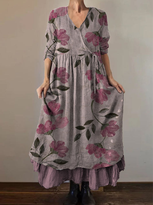 Retro boho virágos nyomtatás vintage v-nyak dupla hemline pamut hosszú ujjú midi ruha