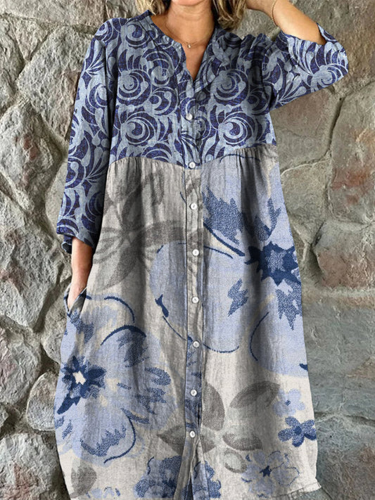 Retro boho virág művészet nyomtatás vintage elegáns v-nyak gomb fel hosszú ujjú midi ruha