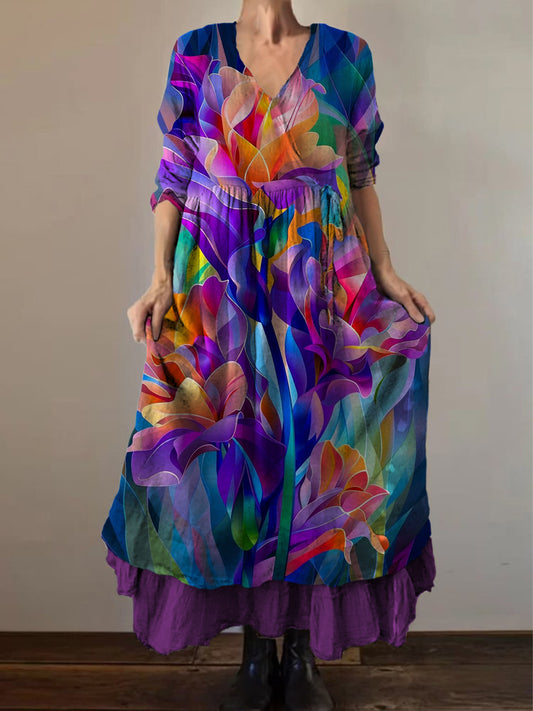 Retro boho virágos nyomtatás vintage v-nyak dupla hemline pamut hosszú ujjú midi ruha