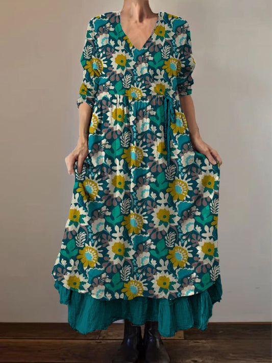 Retro boho virágos etnikai nyomtatás vintage v-nyak dupla hemline pamut hosszú ujjú midi ruha