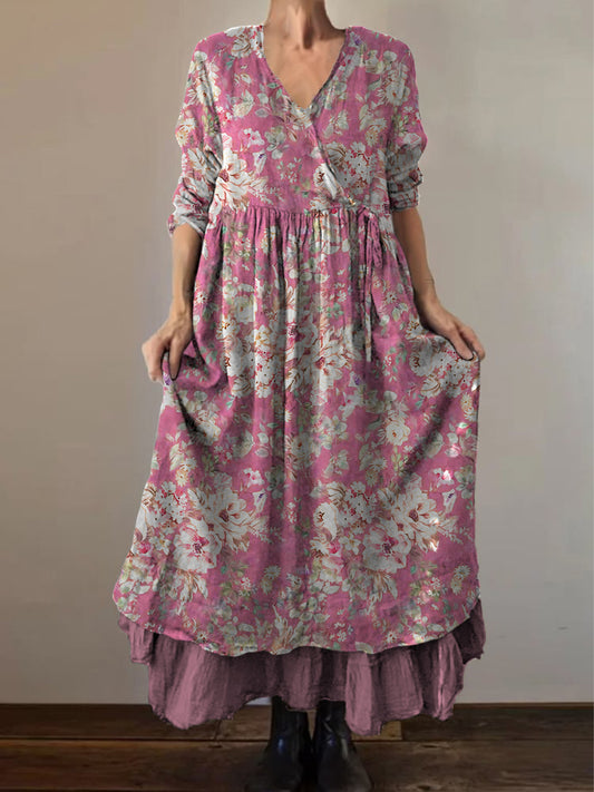 Retro boho virágos nyomtatás vintage v-nyak dupla hemline pamut hosszú ujjú midi ruha