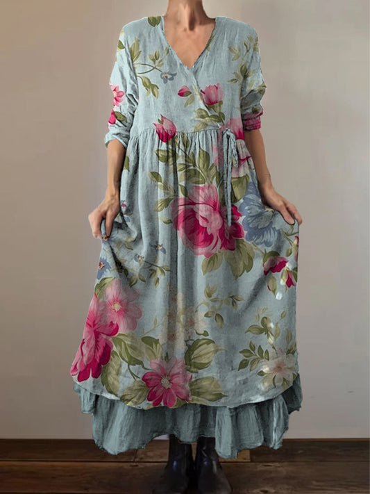 Retro boho virágos nyomtatás vintage v-nyak dupla hemline pamut hosszú ujjú midi ruha