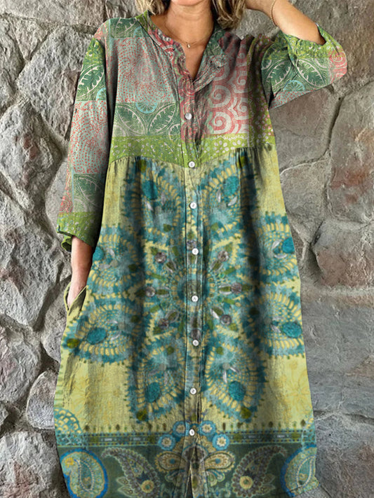 Retro boho virág művészet nyomtatás vintage elegáns v-nyak gomb fel hosszú ujjú midi ruha