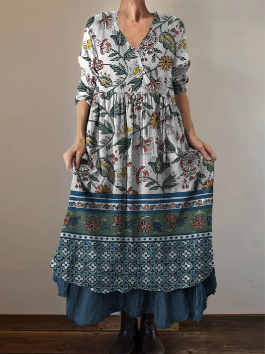 Retro boho virágos nyomtatás vintage v-nyak dupla hemline pamut hosszú ujjú midi ruha