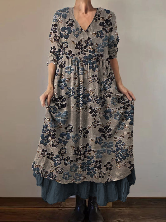 Retro boho virágos nyomtatás vintage v-nyak dupla hemline pamut hosszú ujjú midi ruha