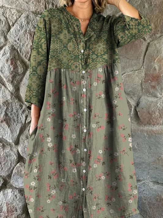 Retro boho virág művészet nyomtatás vintage elegáns v-nyak gomb fel hosszú ujjú midi ruha