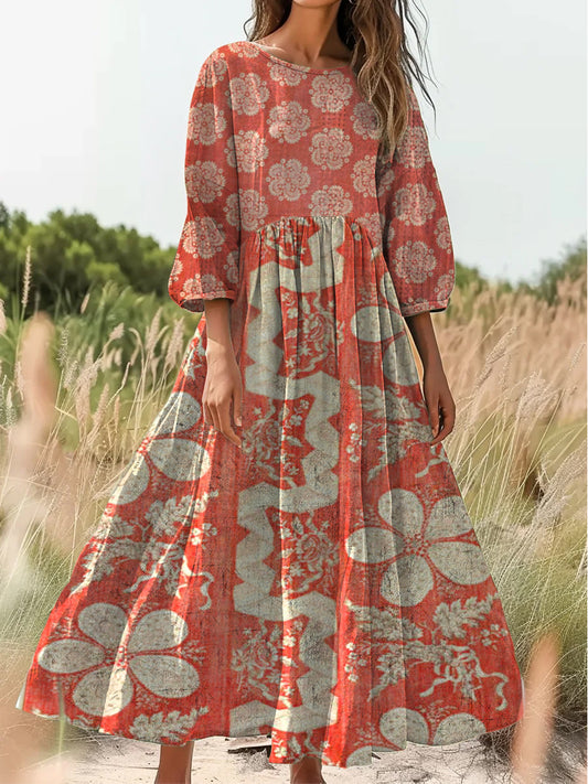 Retro boho art print vintage elegáns kerek nyak pamut hosszú ujjú midi ruha