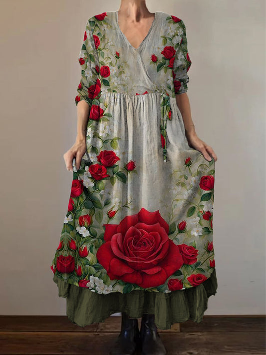 Retro boho virágos nyomtatás vintage v-nyak dupla hemline pamut hosszú ujjú midi ruha