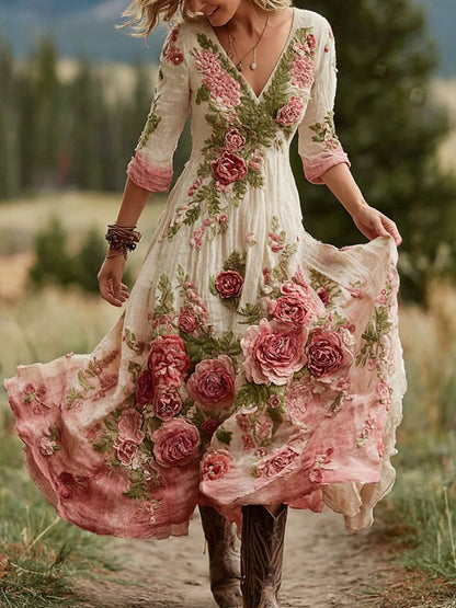 Retro virág művészet nyomtatás vintage v-nyak hosszú ujjú pamut maxi ruha