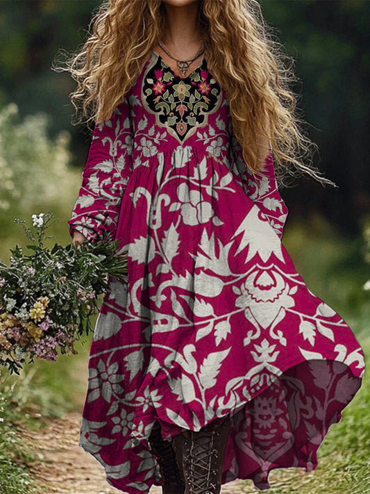 Retro boho virágos nyomtatás vintage elegáns v-nyak pamut hosszú ujjú midi ruha