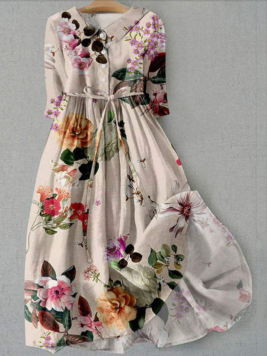 Retro boho virágos nyomtatás vintage elegáns kerek nyak gomb hosszú ujjú midi ruha