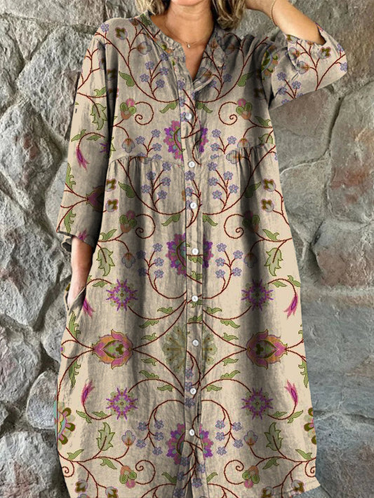 Retro boho virág művészet nyomtatás vintage elegáns v-nyak gomb fel hosszú ujjú midi ruha