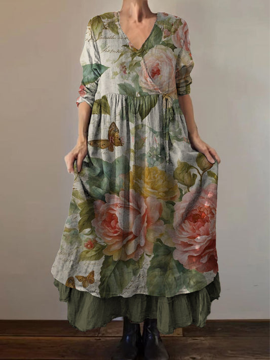 Retro boho virágos nyomtatás vintage v-nyak dupla hemline pamut hosszú ujjú midi ruha